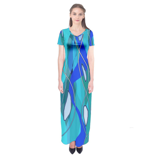 Wavy Blue Short Sleeve Maxi Dress