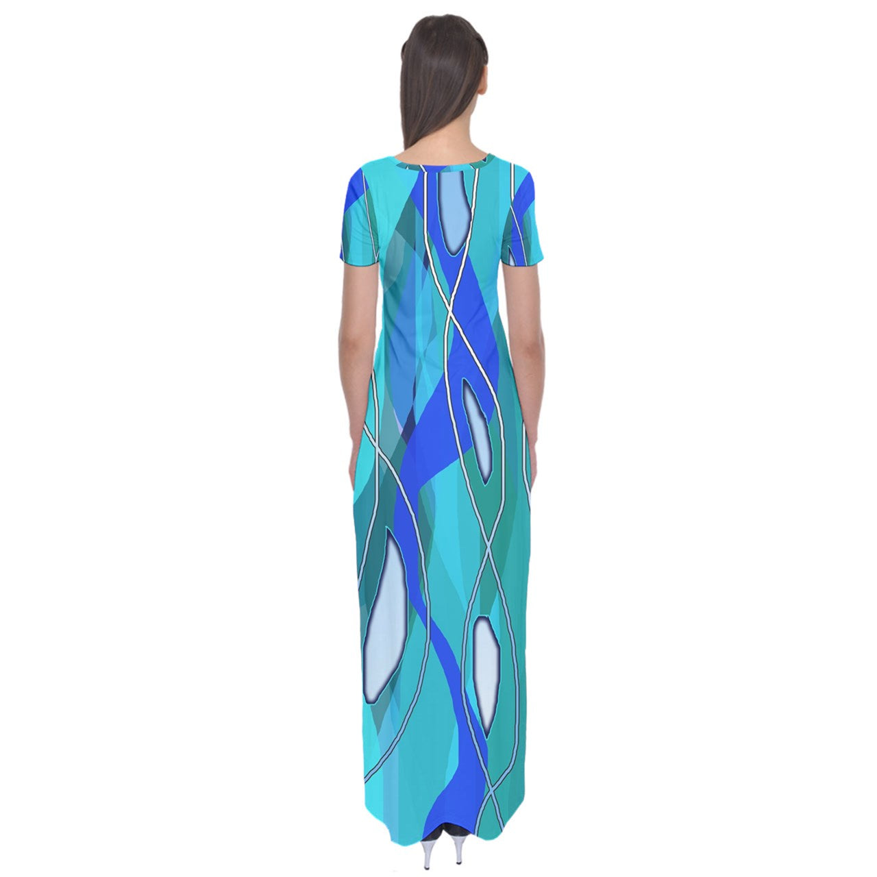 Wavy Blue Short Sleeve Maxi Dress