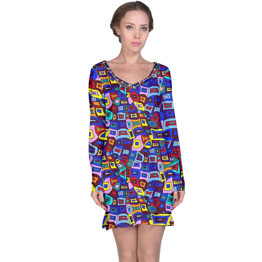 Wavy Square Pattern Long Sleeve Nightdress