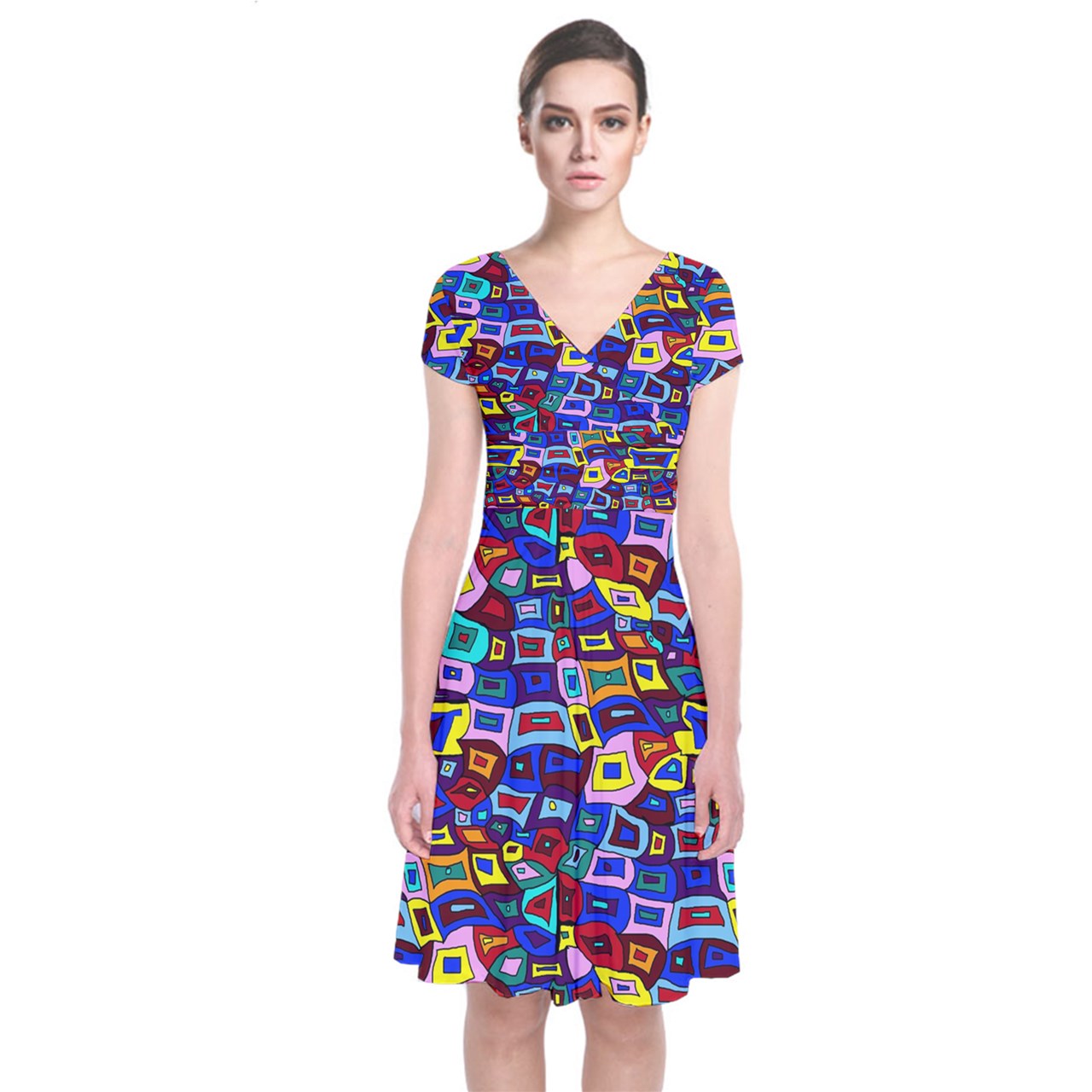Wavy Square Pattern Short Sleeve Front Wrap Dress
