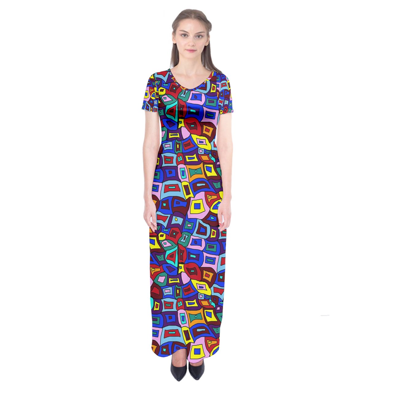 Wavy Square Pattern Short Sleeve Maxi Dress