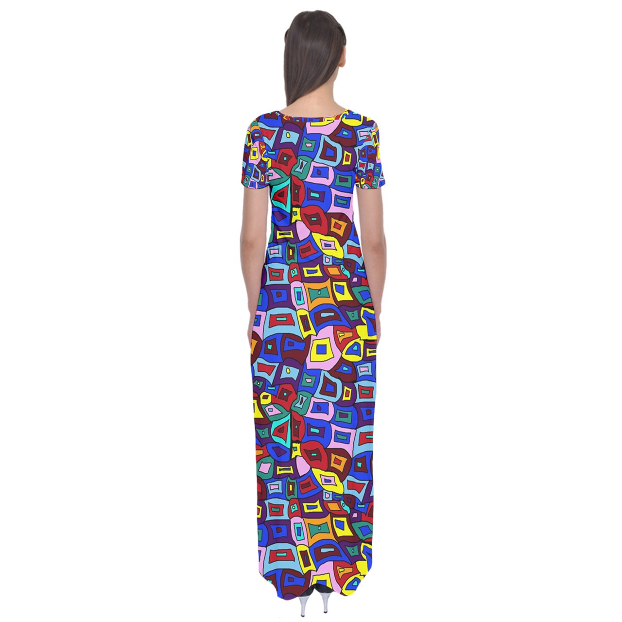 Wavy Square Pattern Short Sleeve Maxi Dress