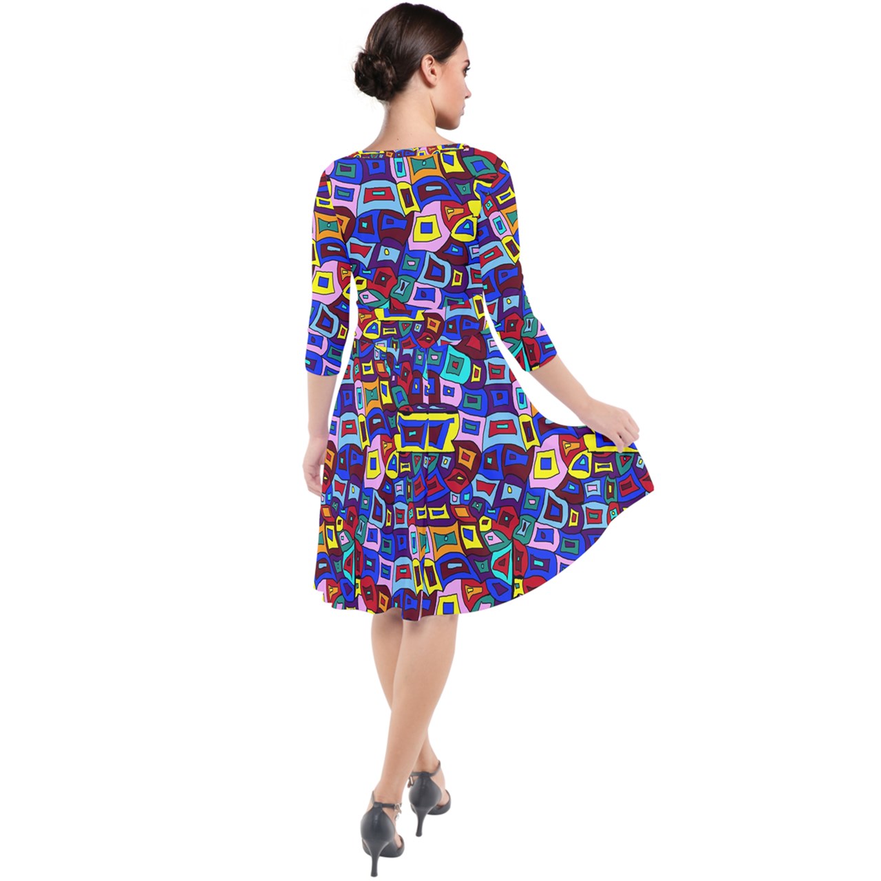 Wavy Square Pattern Quarter Sleeve Waist Band Dress