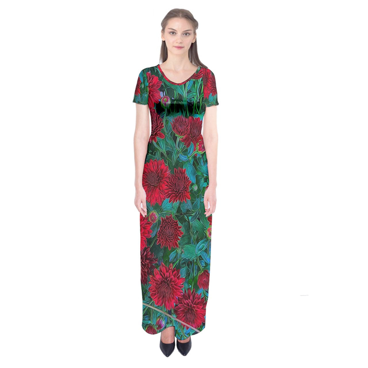 Red Mums Short Sleeve Maxi Dress