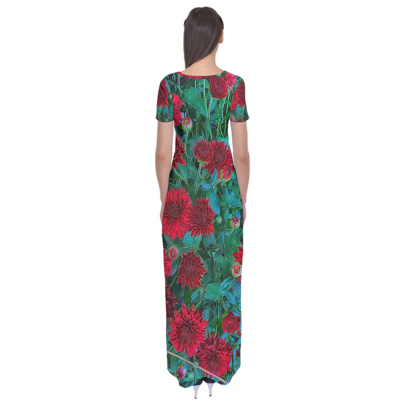 Red Mums Short Sleeve Maxi Dress