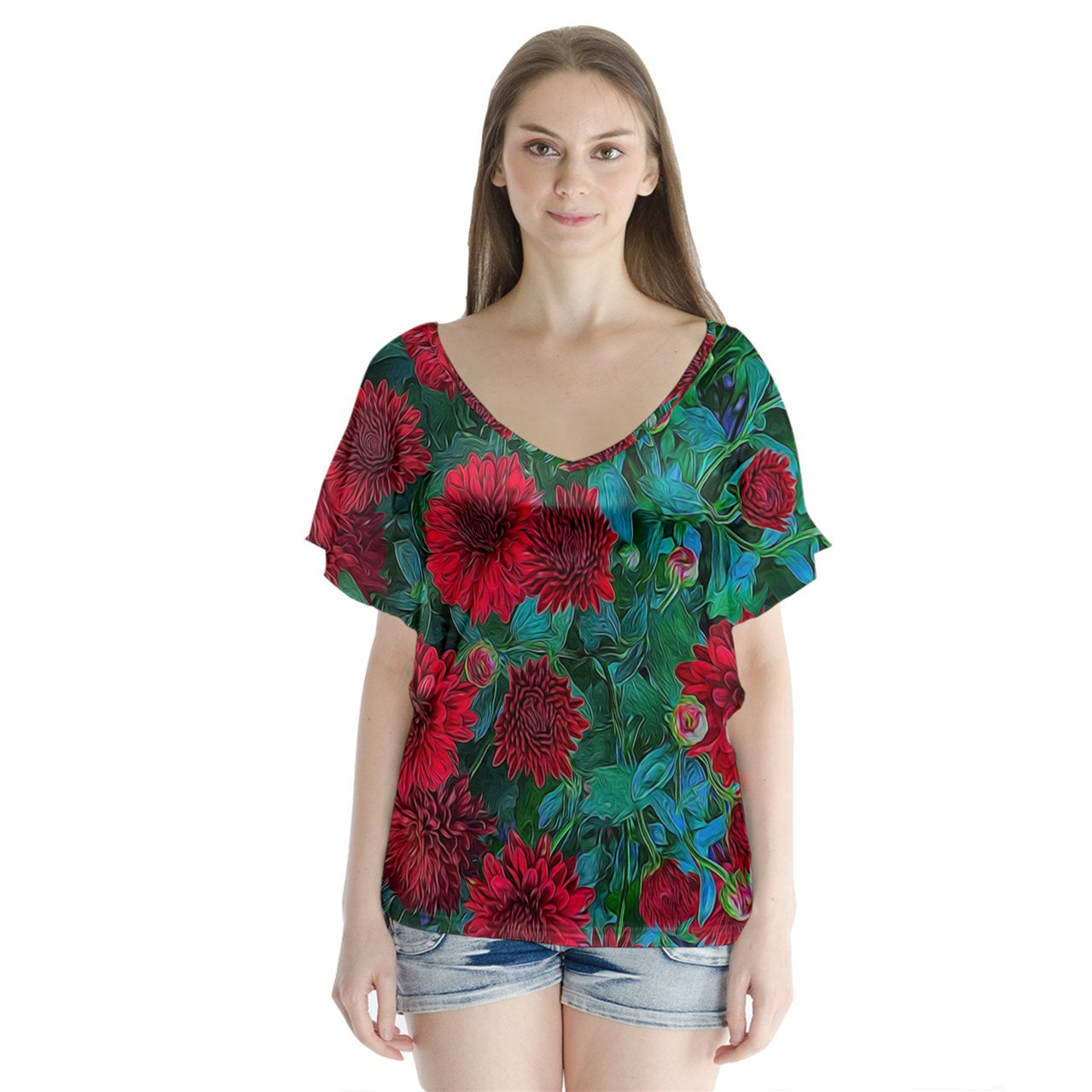 Red Mums V-Neck Flutter Sleeve Top