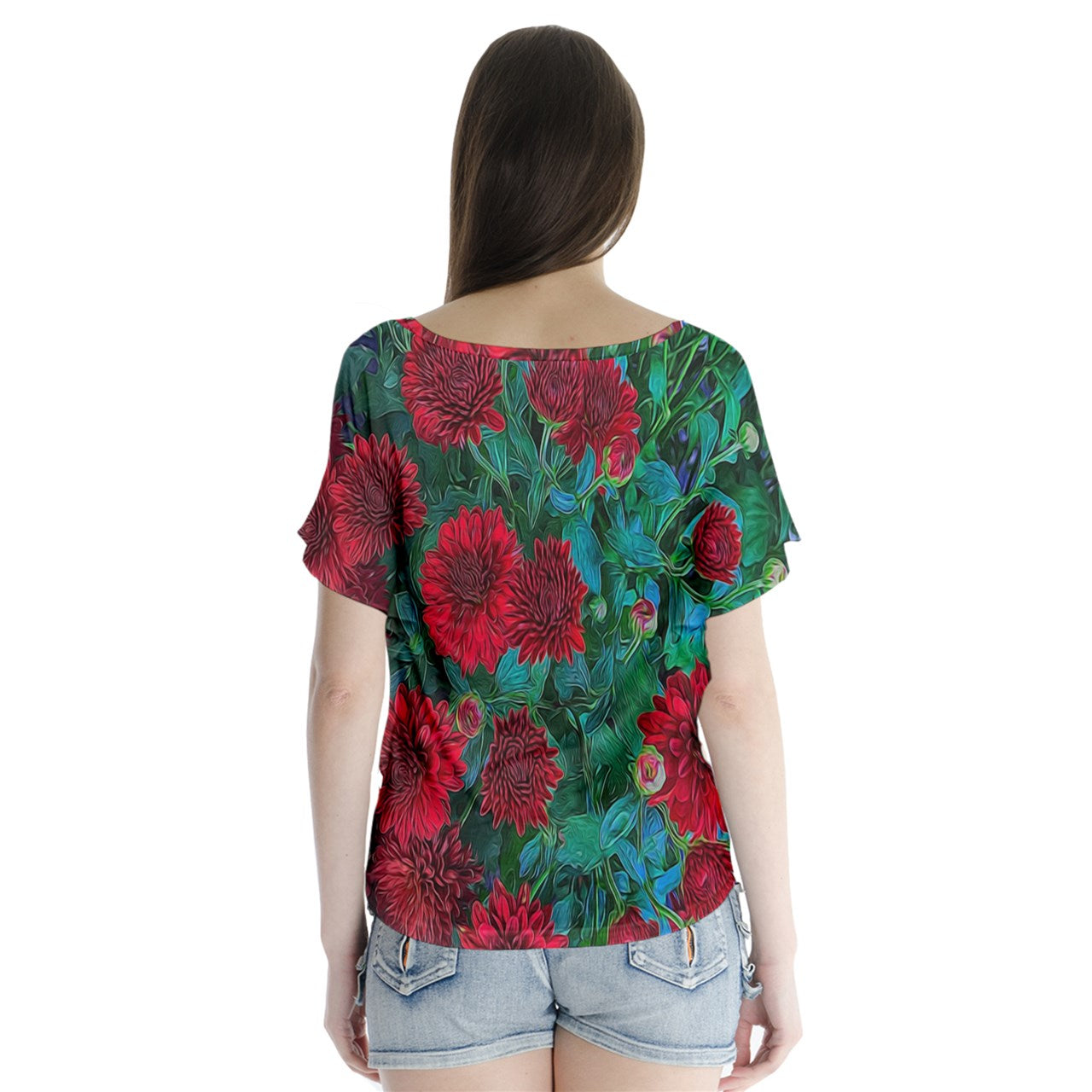 Red Mums V-Neck Flutter Sleeve Top