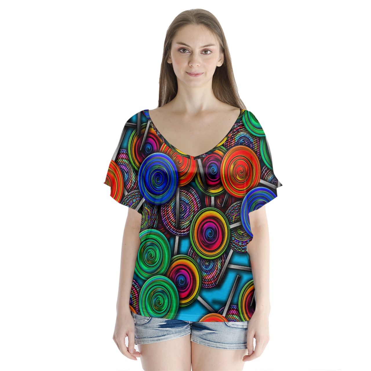 Colorful lolipops V-Neck Flutter Sleeve Top