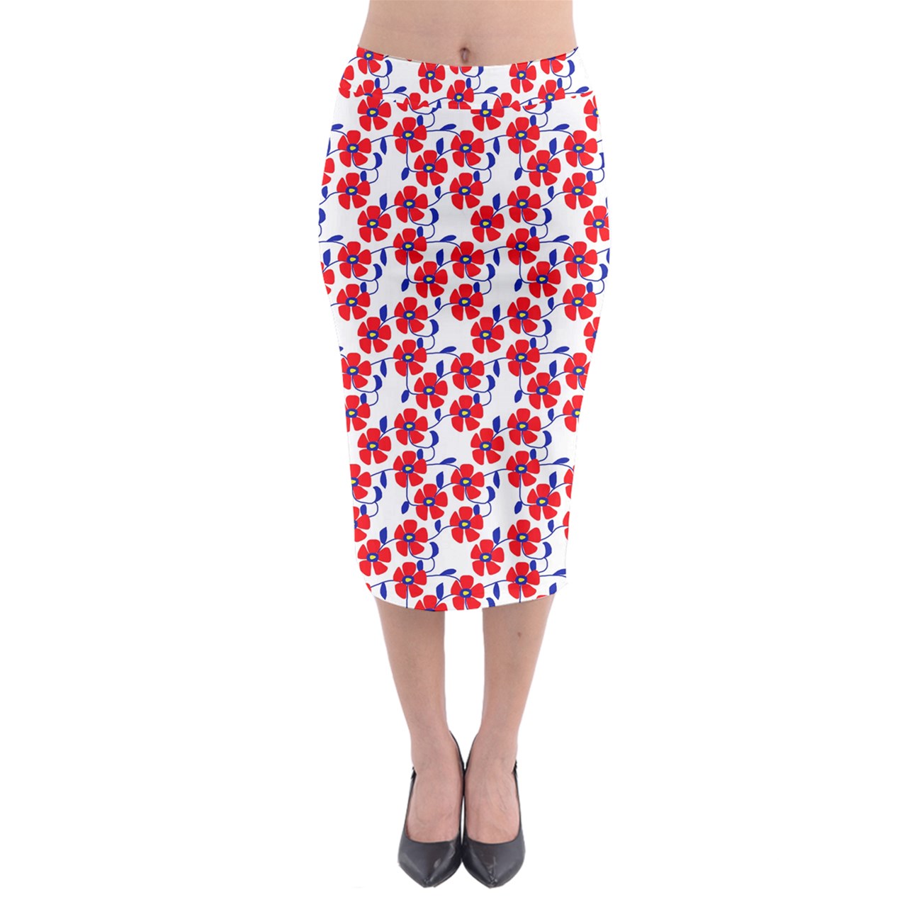 Red Flowers Blue Vines Midi Pencil Skirt