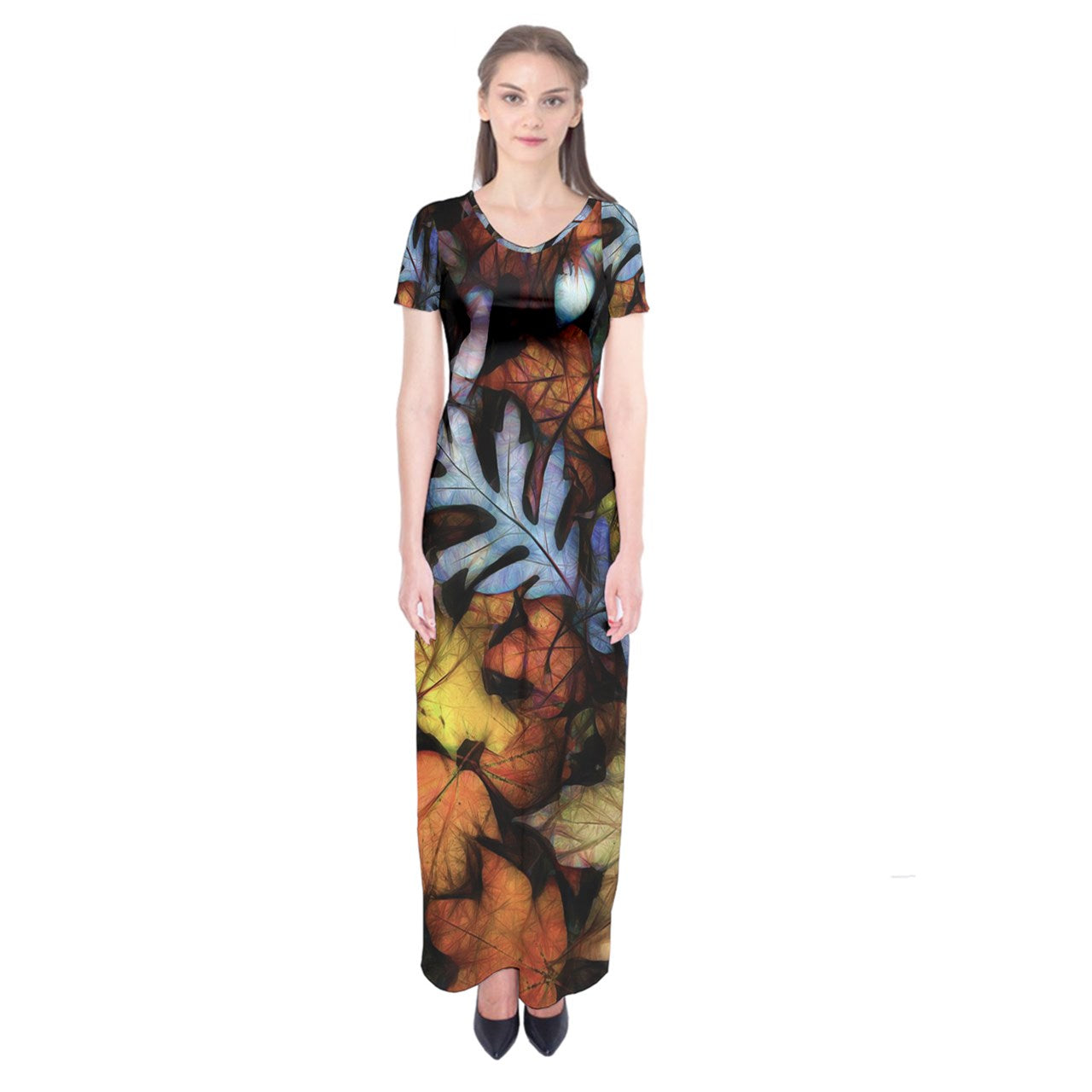 Mid October Leaves Short Sleeve Maxi Dress