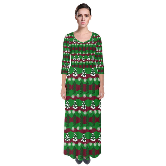 Snowy Evergreen Pattern Quarter Sleeve Maxi Dress