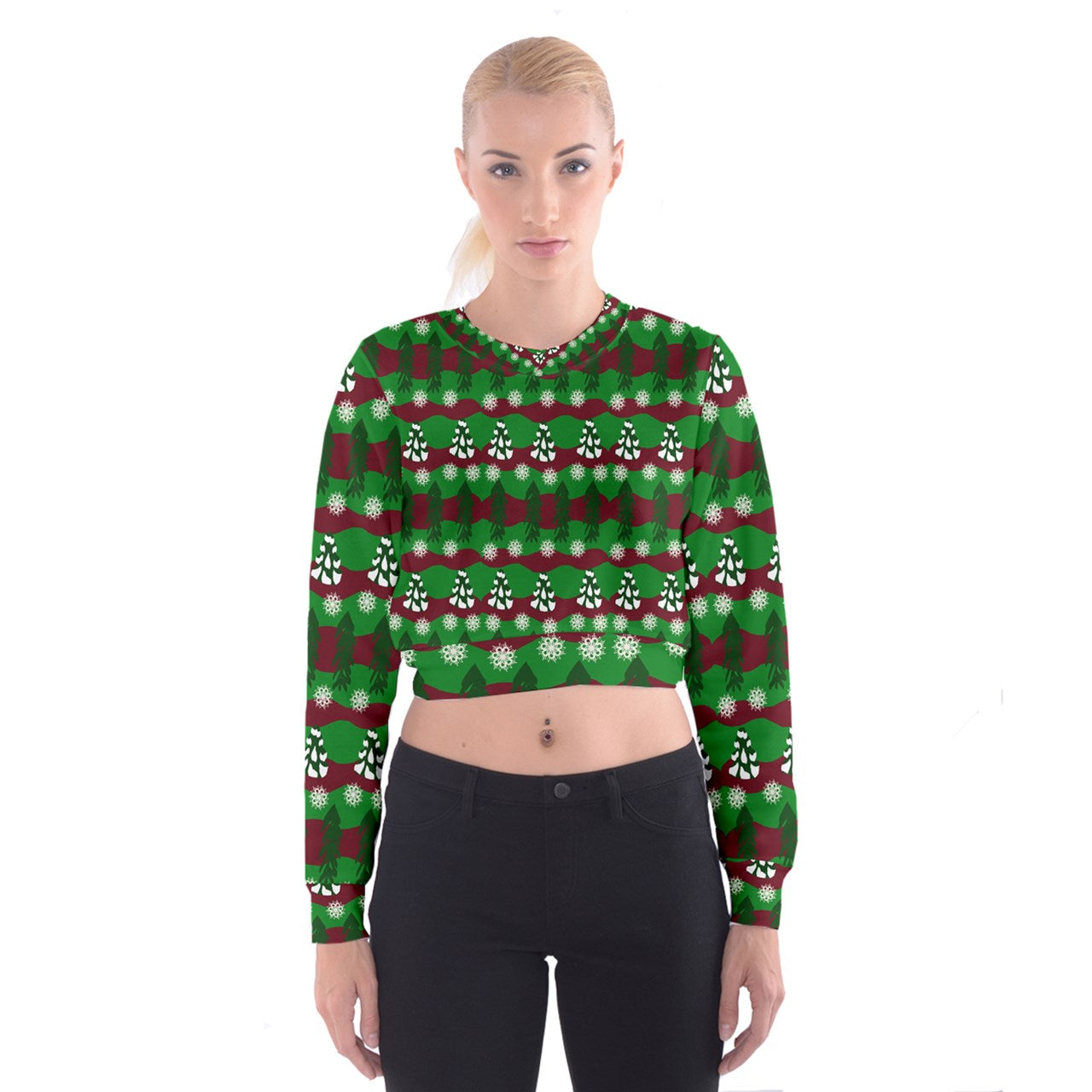 snowy evergreen pattern Cropped Sweatshirt