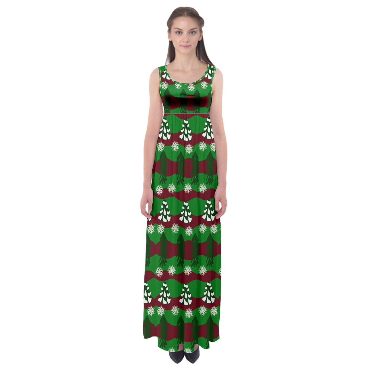 snowy evergreen pattern Empire Waist Maxi Dress