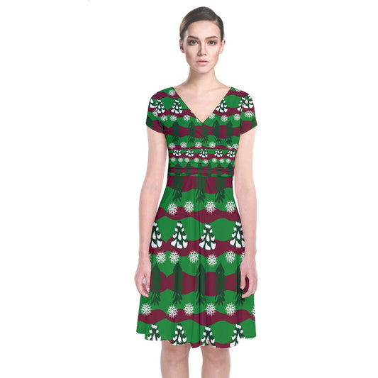 snowy evergreen pattern Short Sleeve Front Wrap Dress