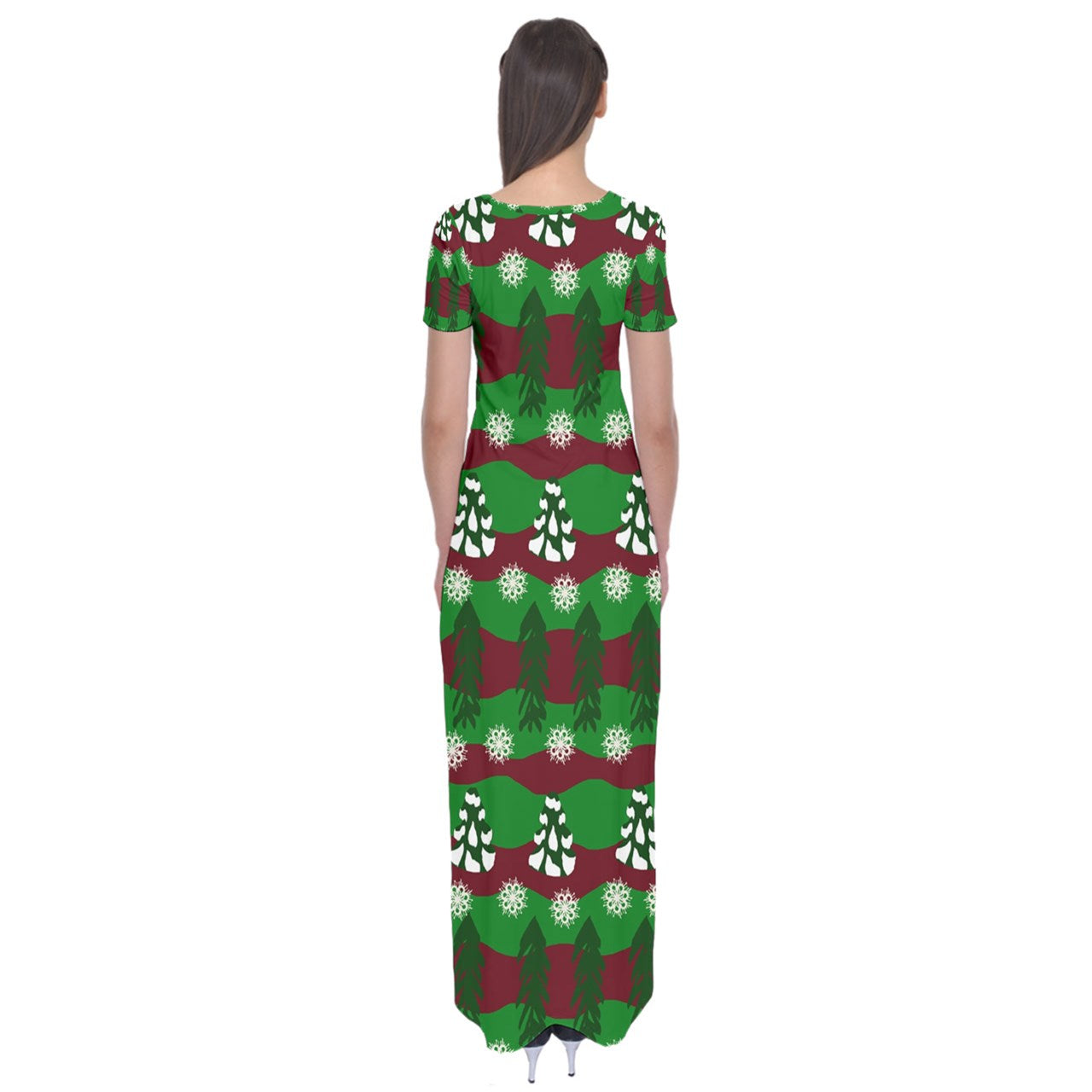 snowy evergreen pattern Short Sleeve Maxi Dress