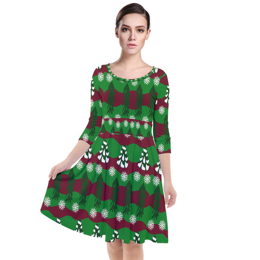 snowy evergreen pattern Quarter Sleeve Waist Band Dress