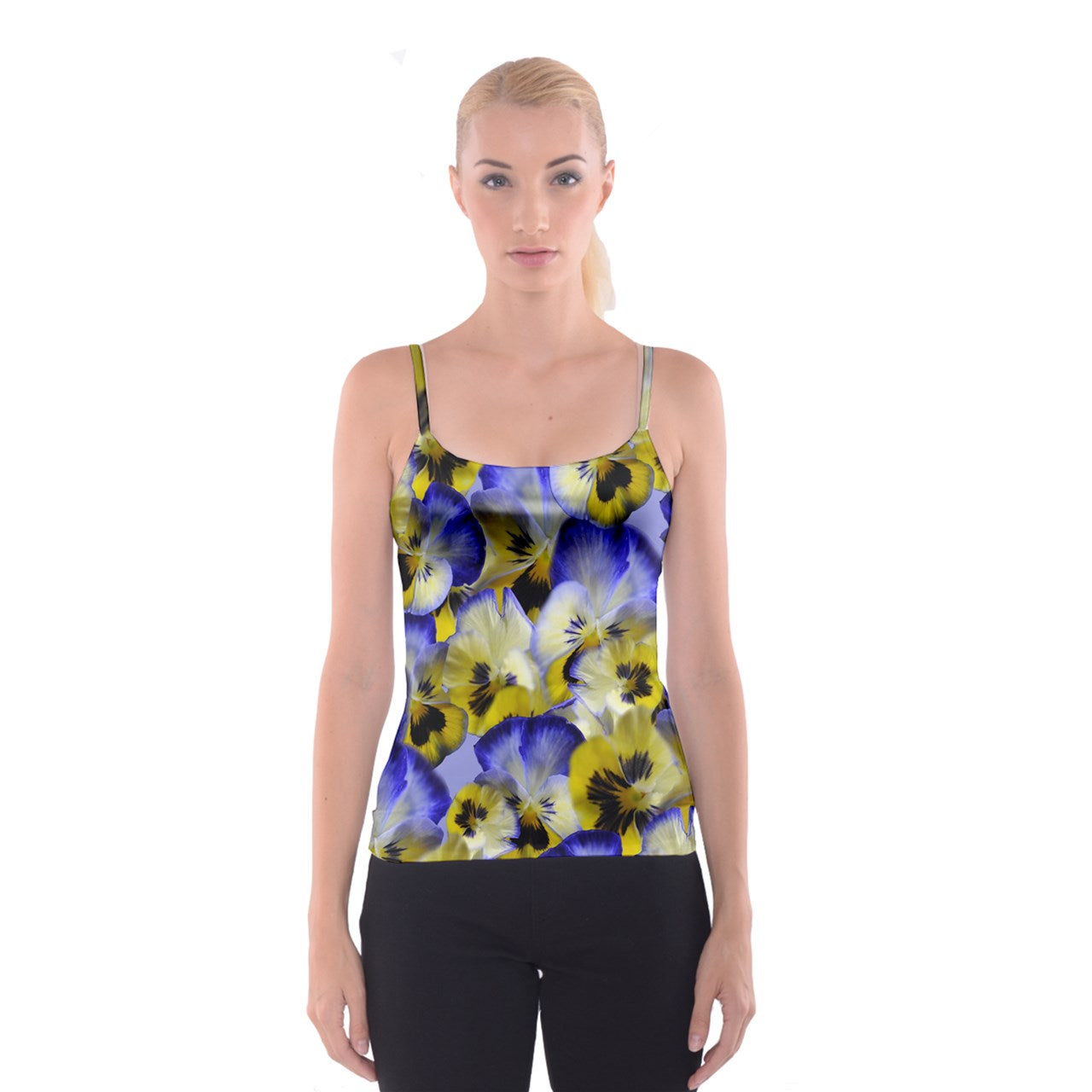 Blue and Yellow Pansies Spaghetti Strap Top