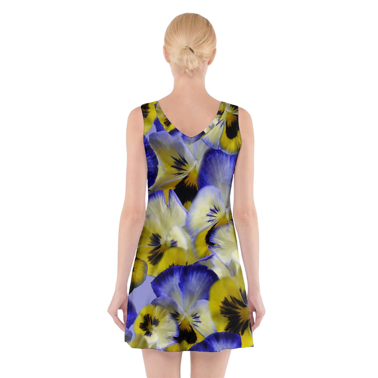 Blue and Yellow Pansies V-Neck Sleeveless Dress