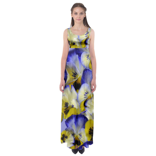 Blue and Yellow Pansies Empire Waist Maxi Dress