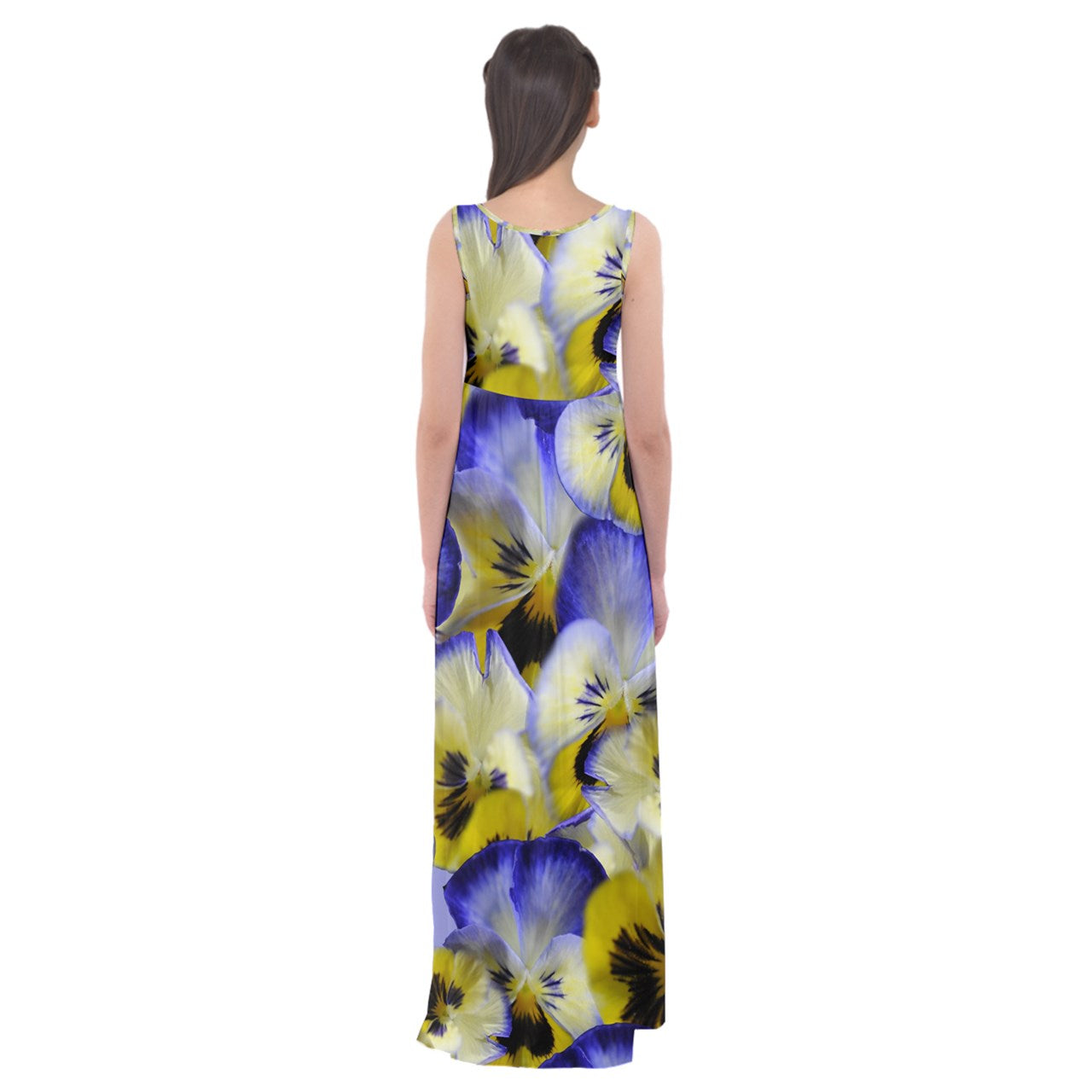 Blue and Yellow Pansies Empire Waist Maxi Dress
