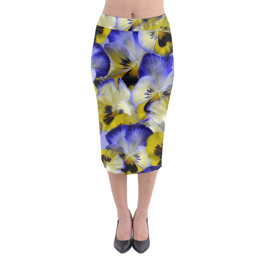 Blue and Yellow Pansies Midi Pencil Skirt