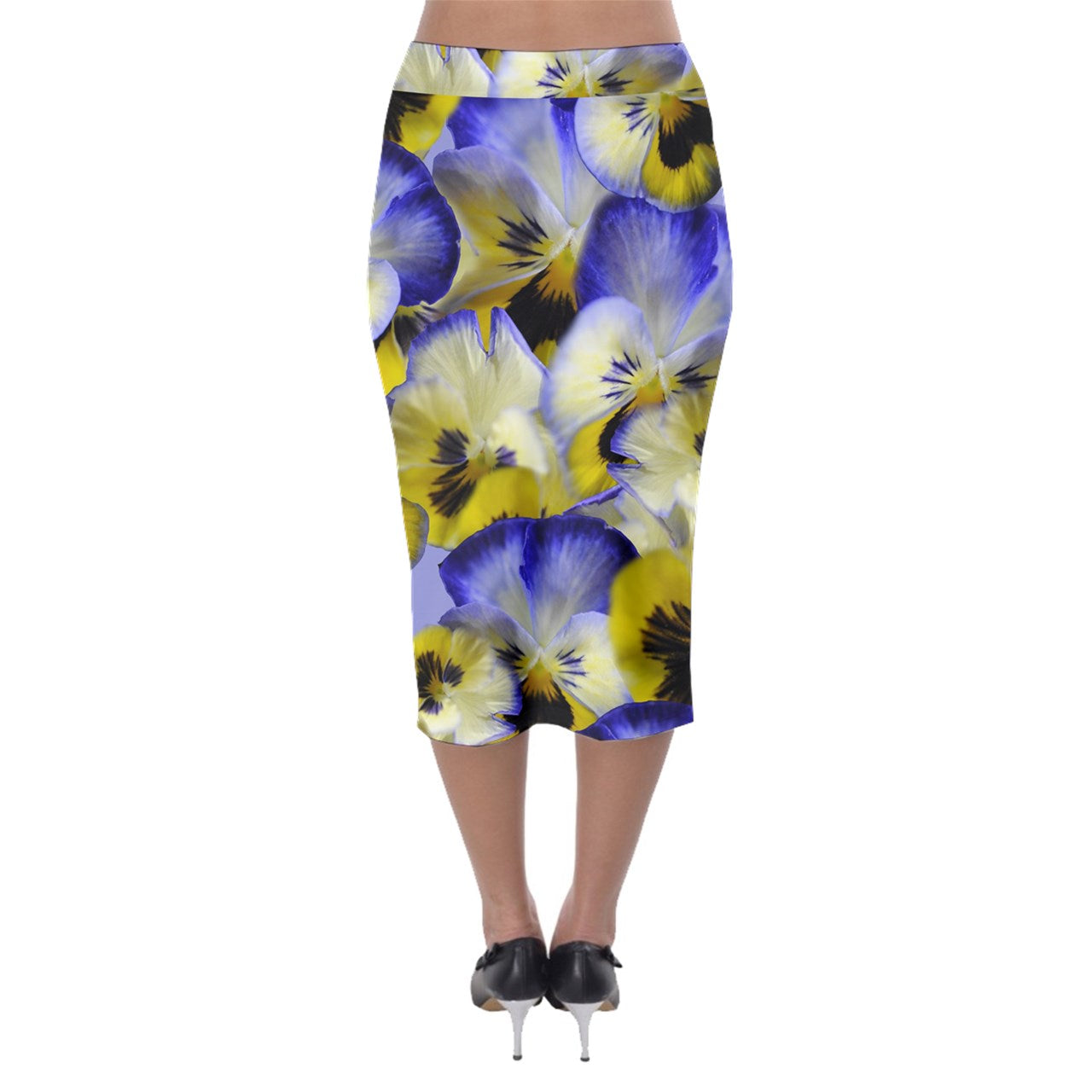 Blue and Yellow Pansies Midi Pencil Skirt