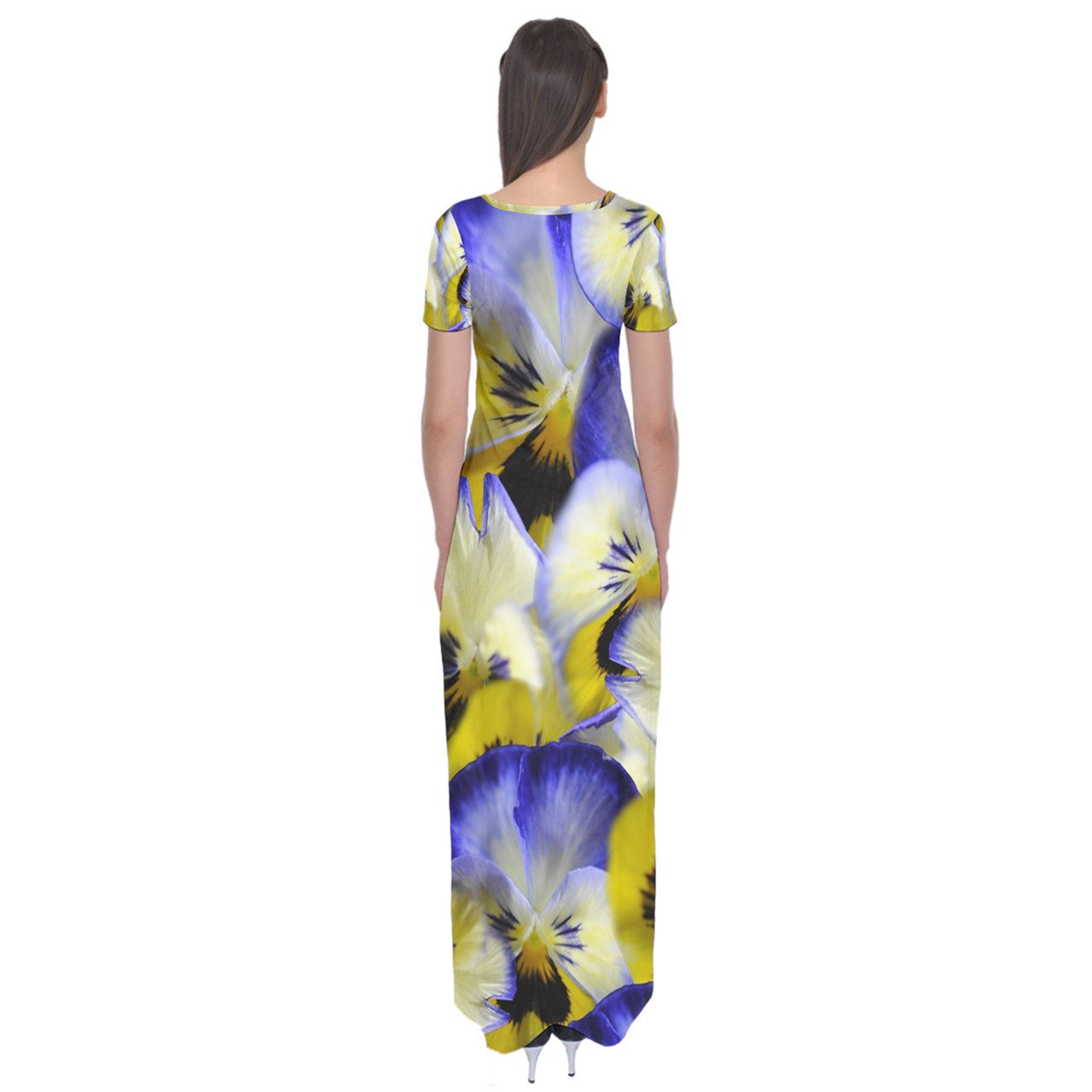 Blue and Yellow Pansies Short Sleeve Maxi Dress