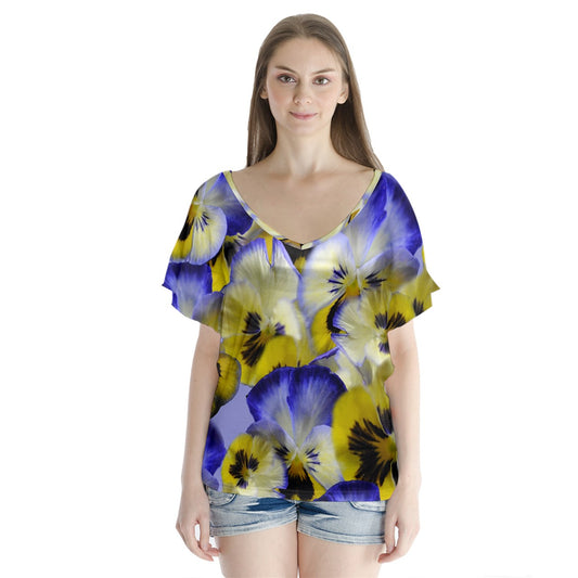 Blue and Yellow Pansies V-Neck Flutter Sleeve Top