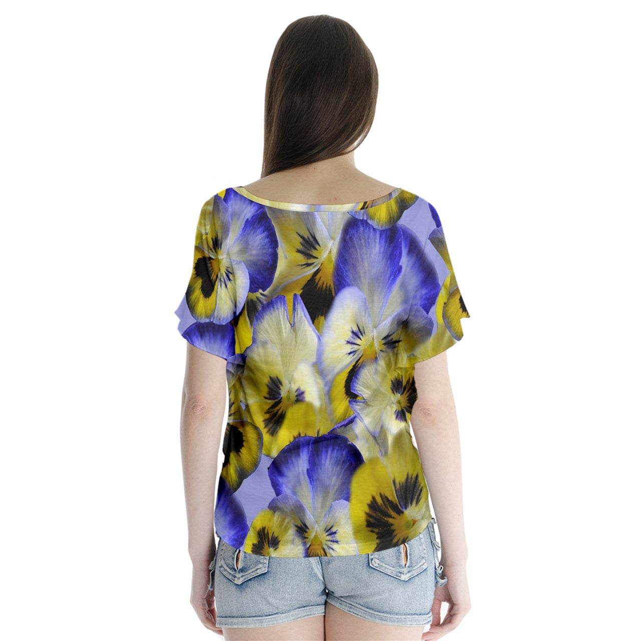 Blue and Yellow Pansies V-Neck Flutter Sleeve Top
