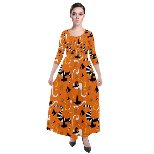 Witches Hats and Brooms Quarter Sleeve Maxi Velour Dress
