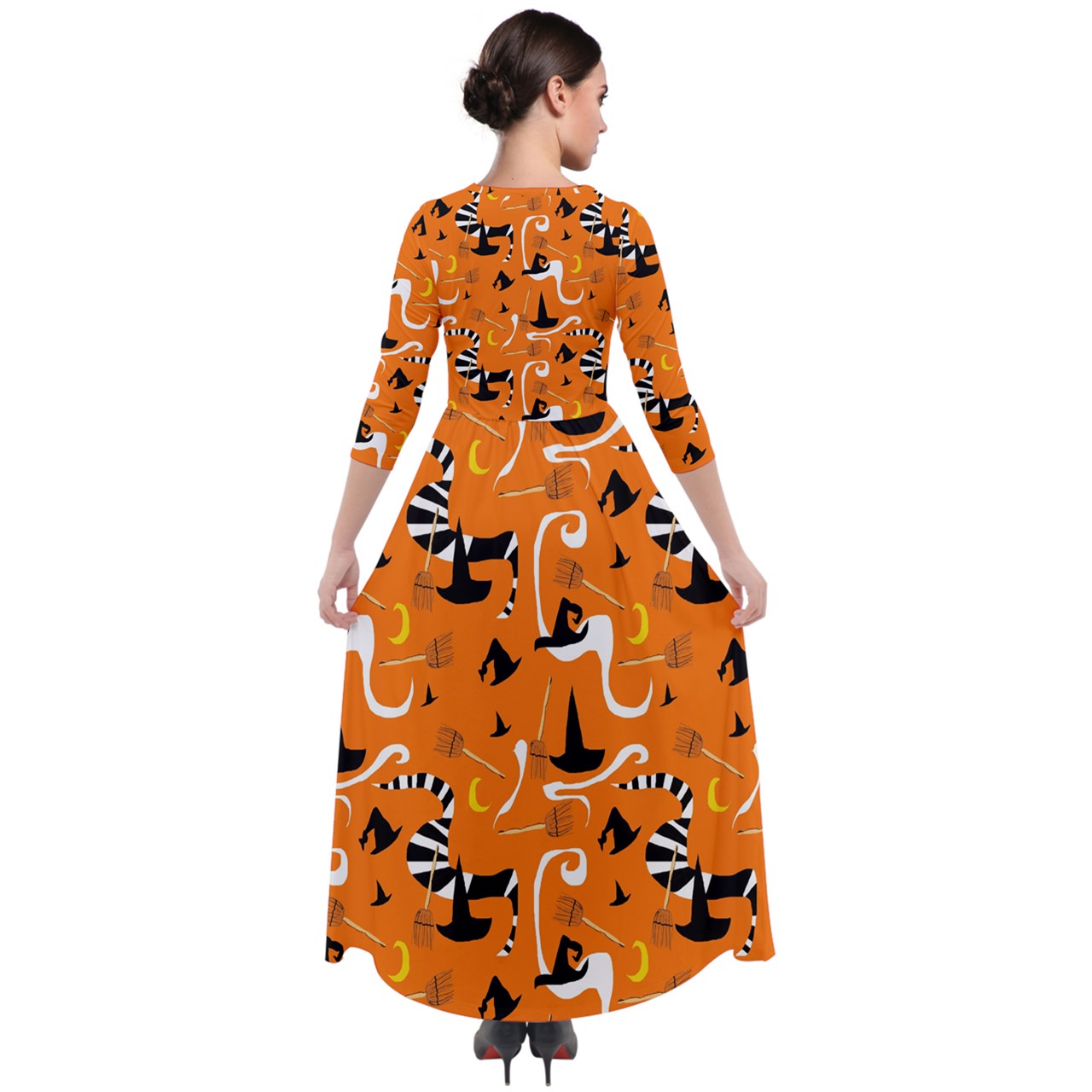 Witches Hats and Brooms Quarter Sleeve Maxi Velour Dress