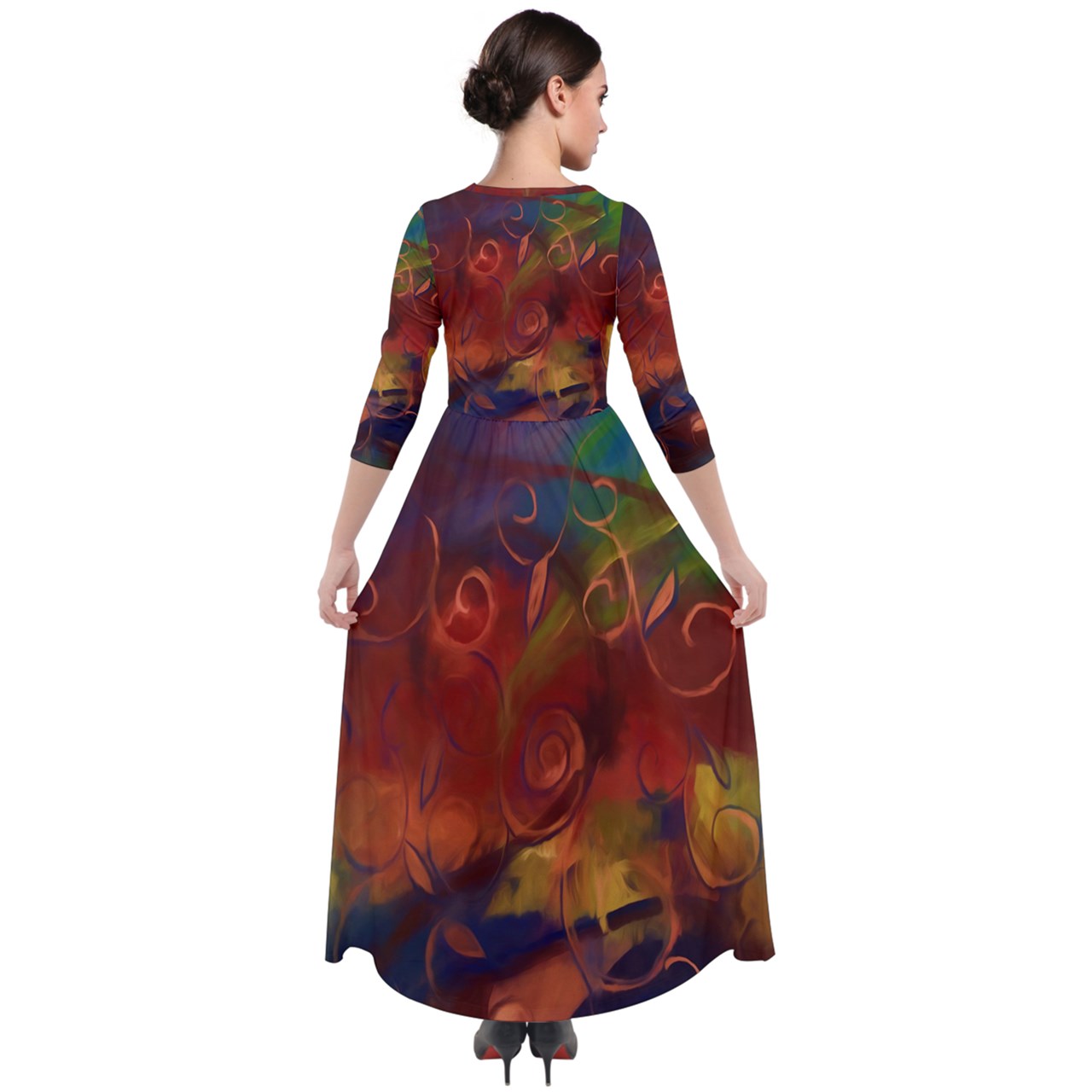 Abstract Fall Swirls Quarter Sleeve Maxi Velour Dress