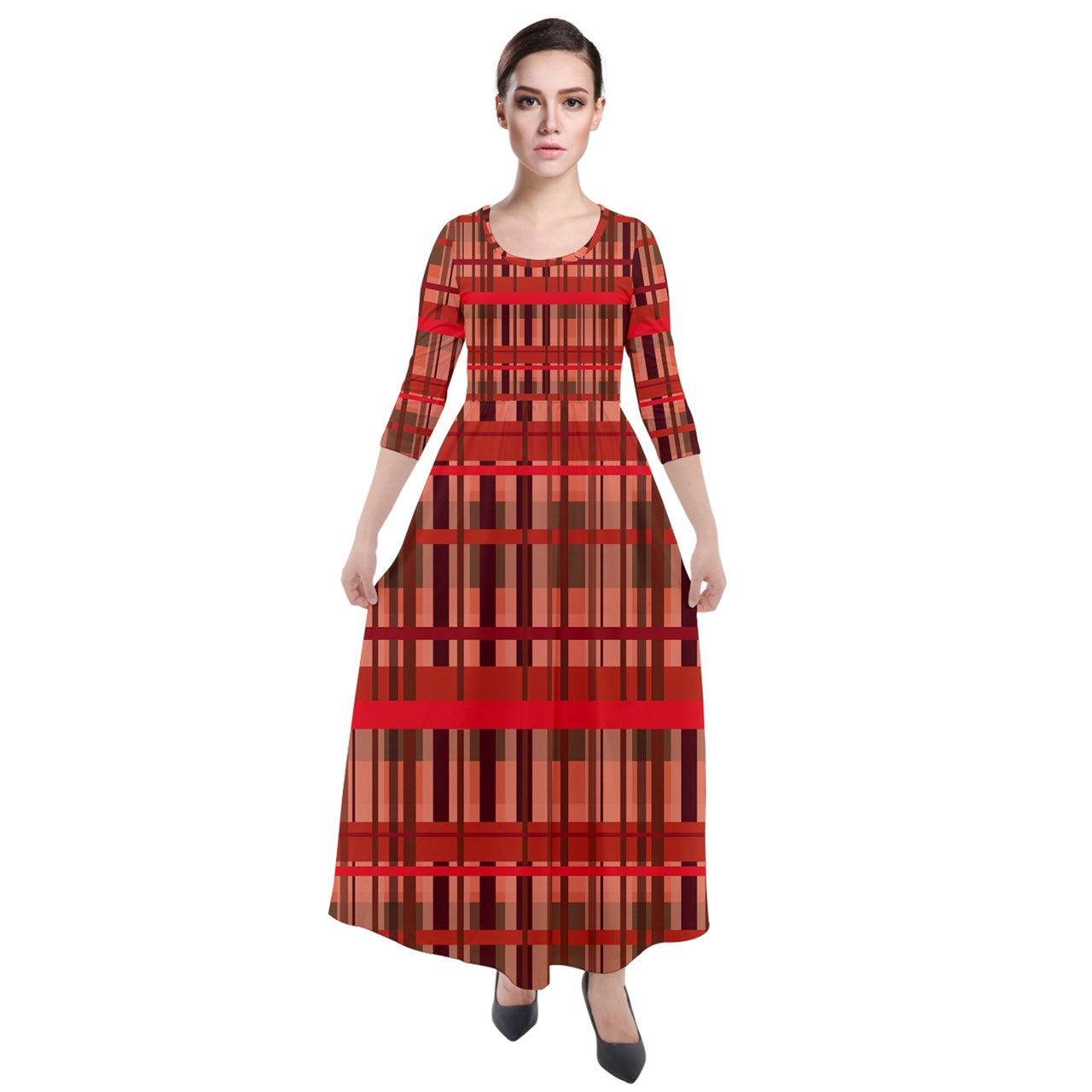 Fall Plaid Quarter Sleeve Maxi Velour Dress