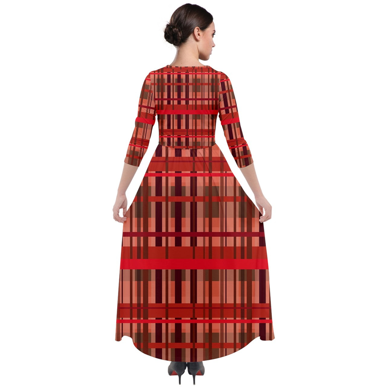 Fall Plaid Quarter Sleeve Maxi Velour Dress