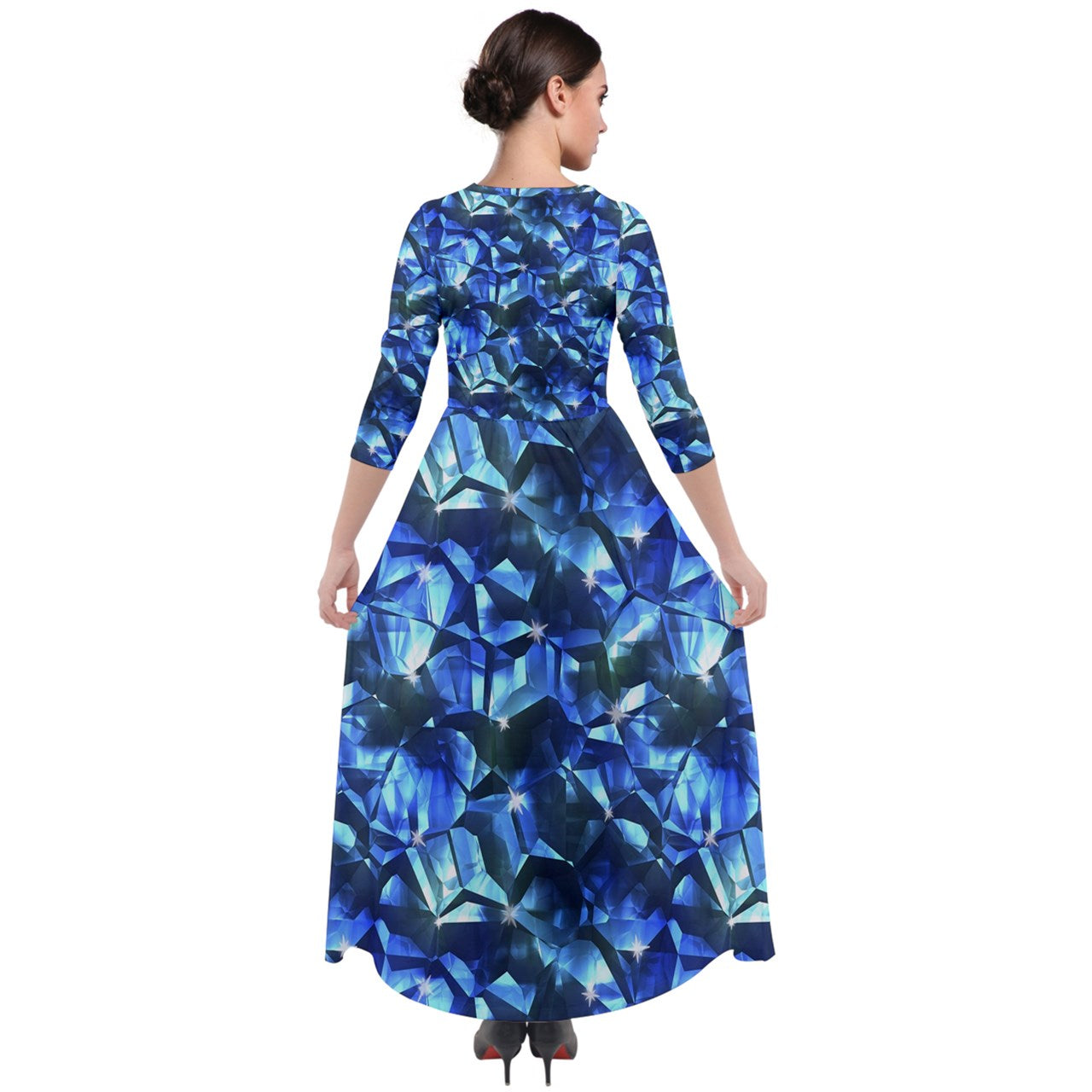 Blue Crystal Pattern Quarter Sleeve Maxi Velour Dress