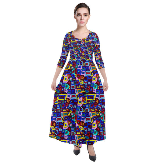 Wavy Square Pattern Quarter Sleeve Maxi Velour Dress