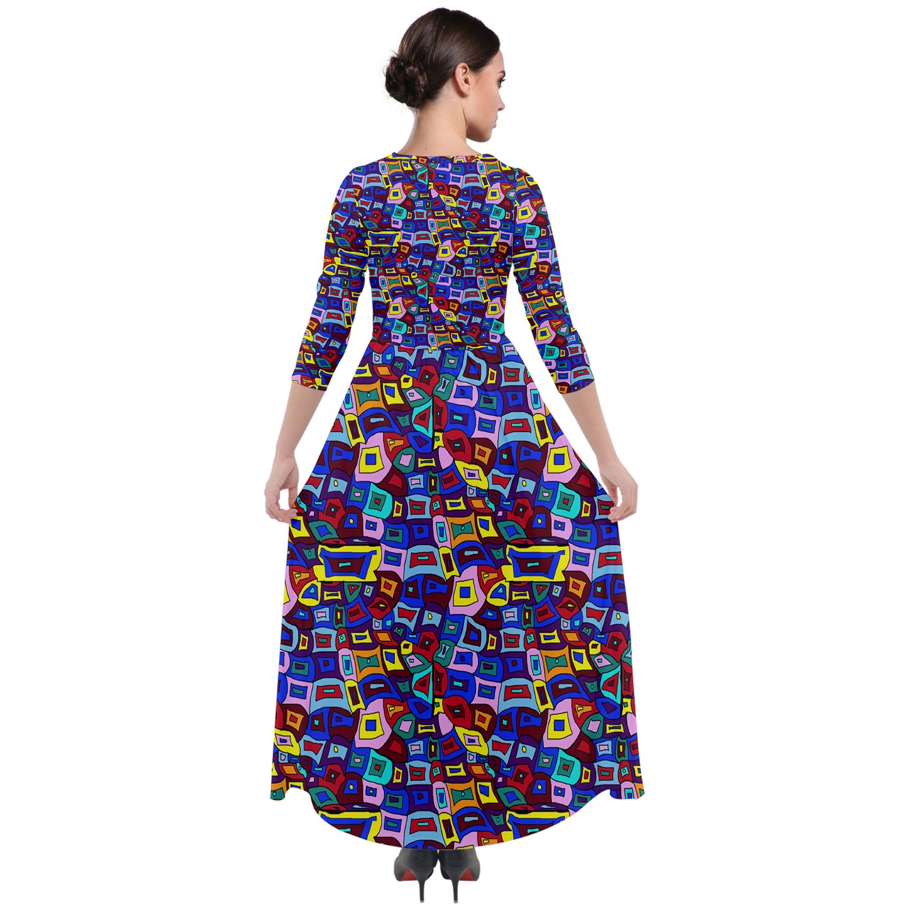 Wavy Square Pattern Quarter Sleeve Maxi Velour Dress