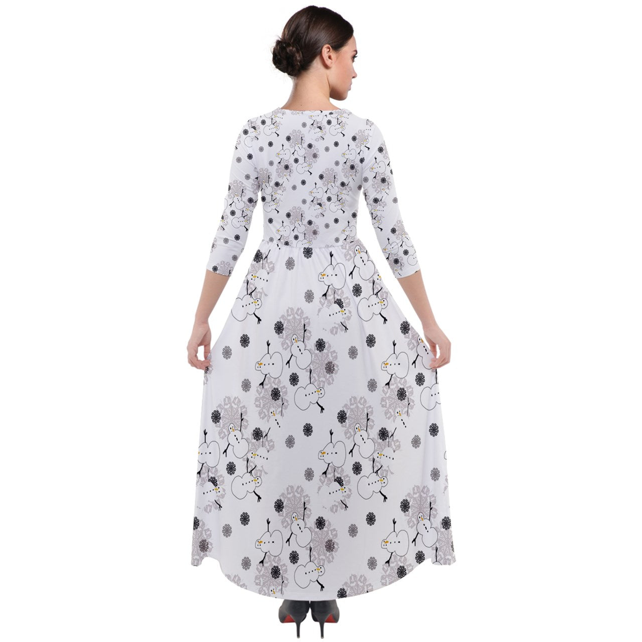 Snowman Pattern Quarter Sleeve Maxi Velour Dress