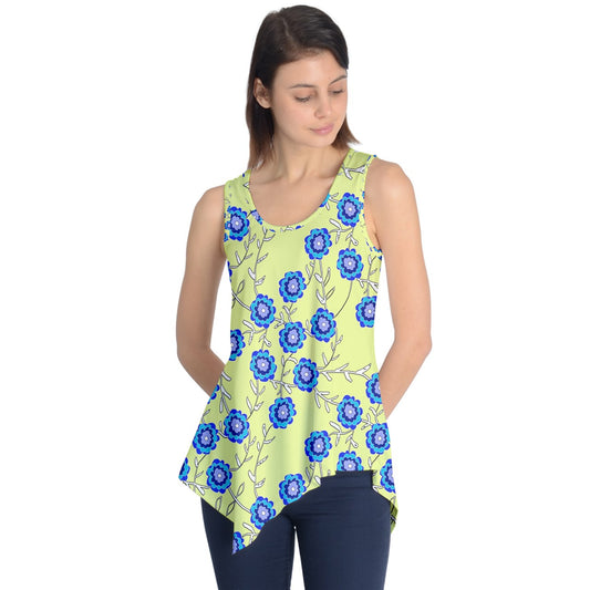 Blue Flowers On Yellow Sleeveless Tunic