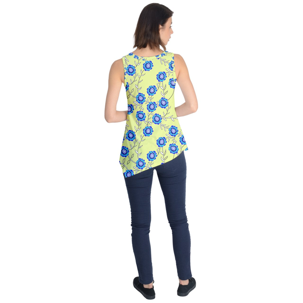 Blue Flowers On Yellow Sleeveless Tunic