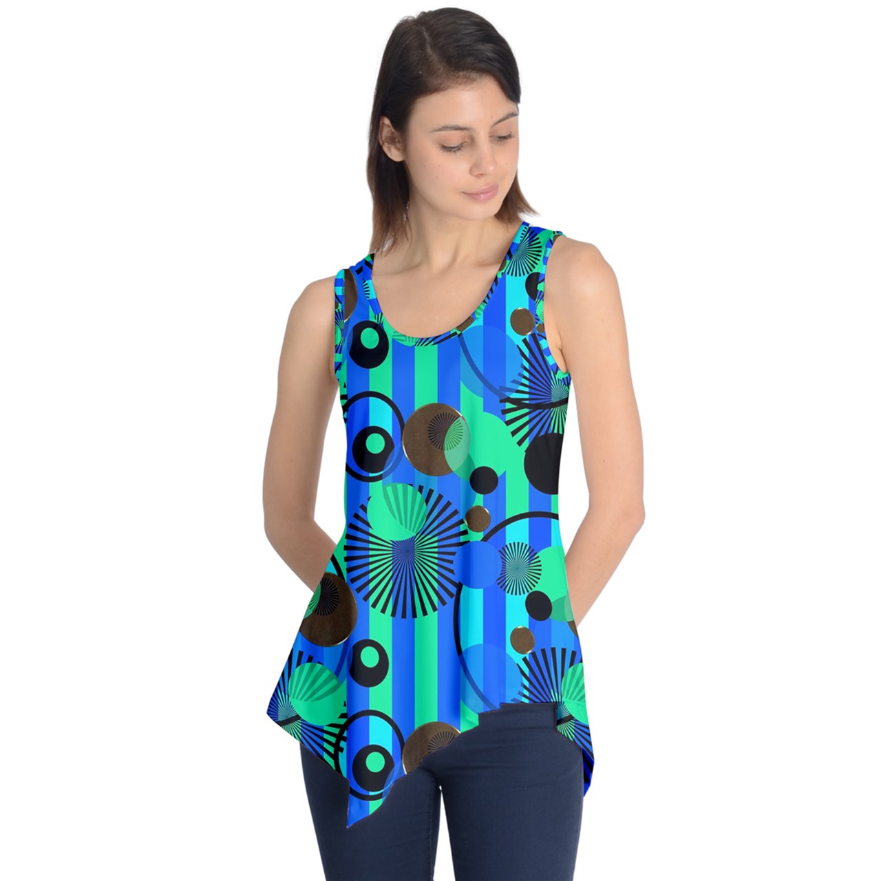 Blue Green Stripes and Dots Sleeveless Tunic