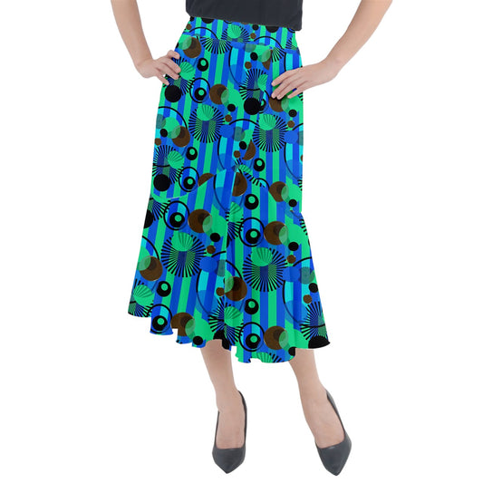 Blue Green Stripes and Dots Midi Mermaid Skirt