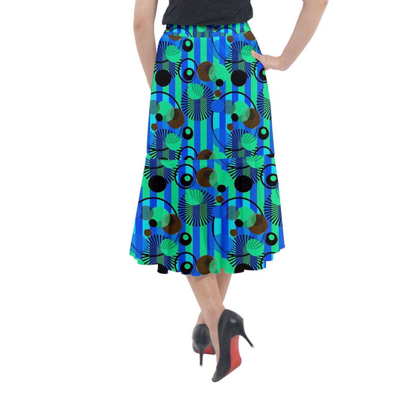 Blue Green Stripes and Dots Midi Mermaid Skirt