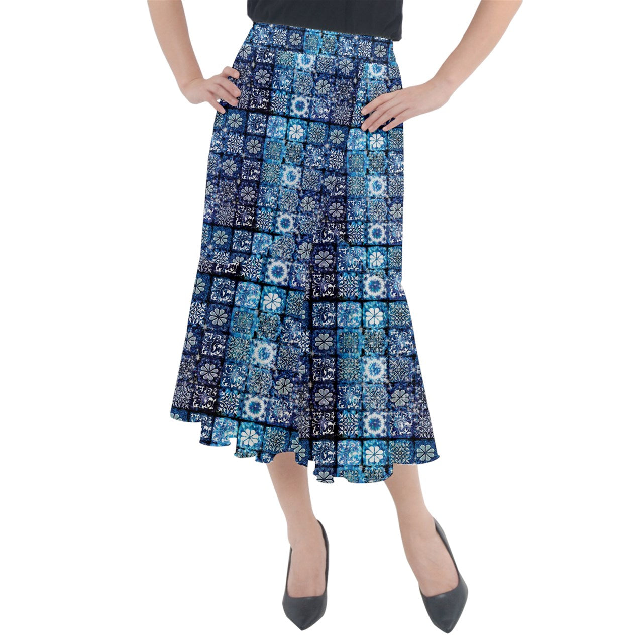 Blue Ice Crystals Motif Midi Mermaid Skirt