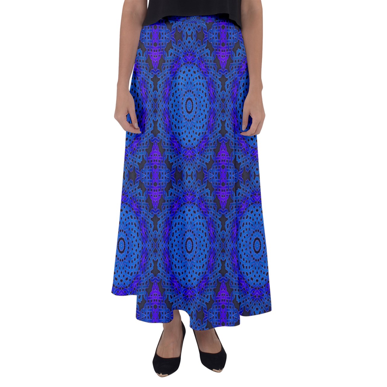 Blue Celtic Knot Kaleidoscope Flared Maxi Skirt