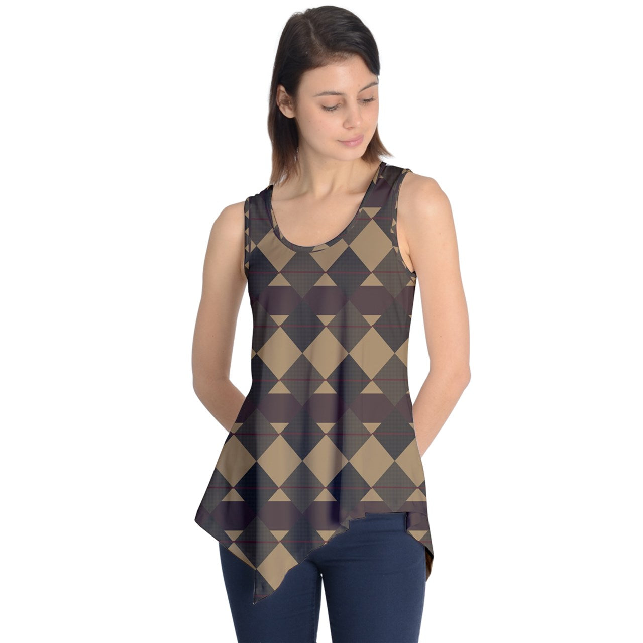 Checkered Brown Plaid Sleeveless Tunic