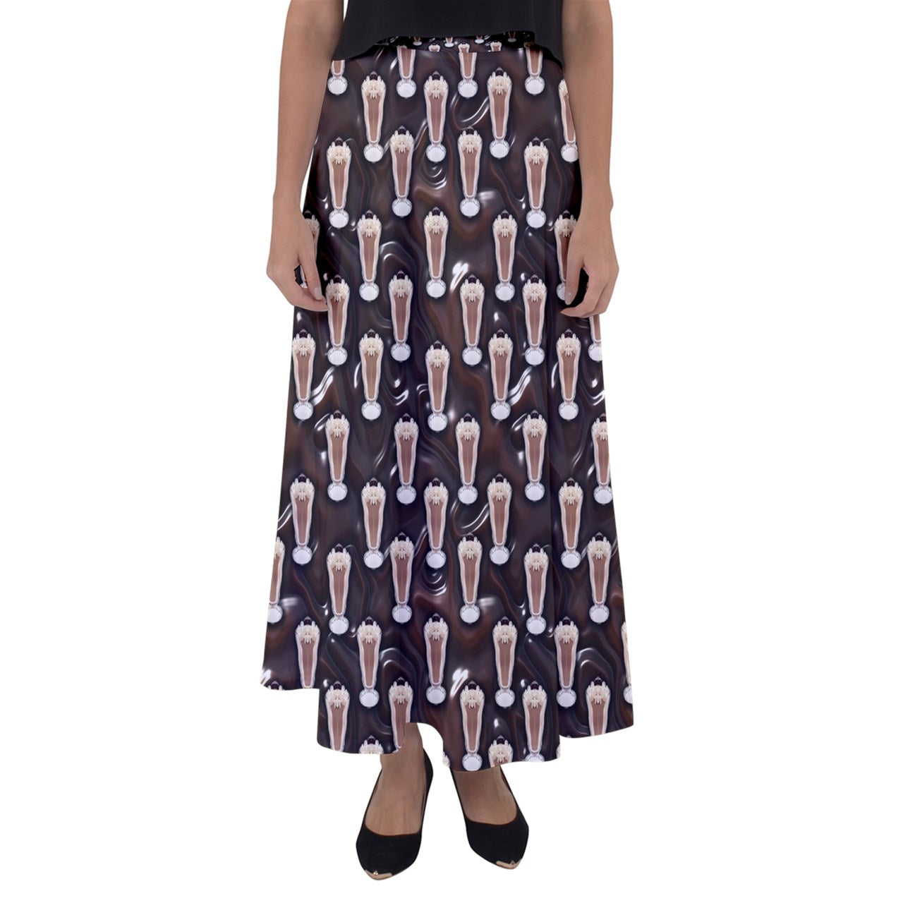 Chocolate Milkshake Pattern Flared Maxi Skirt