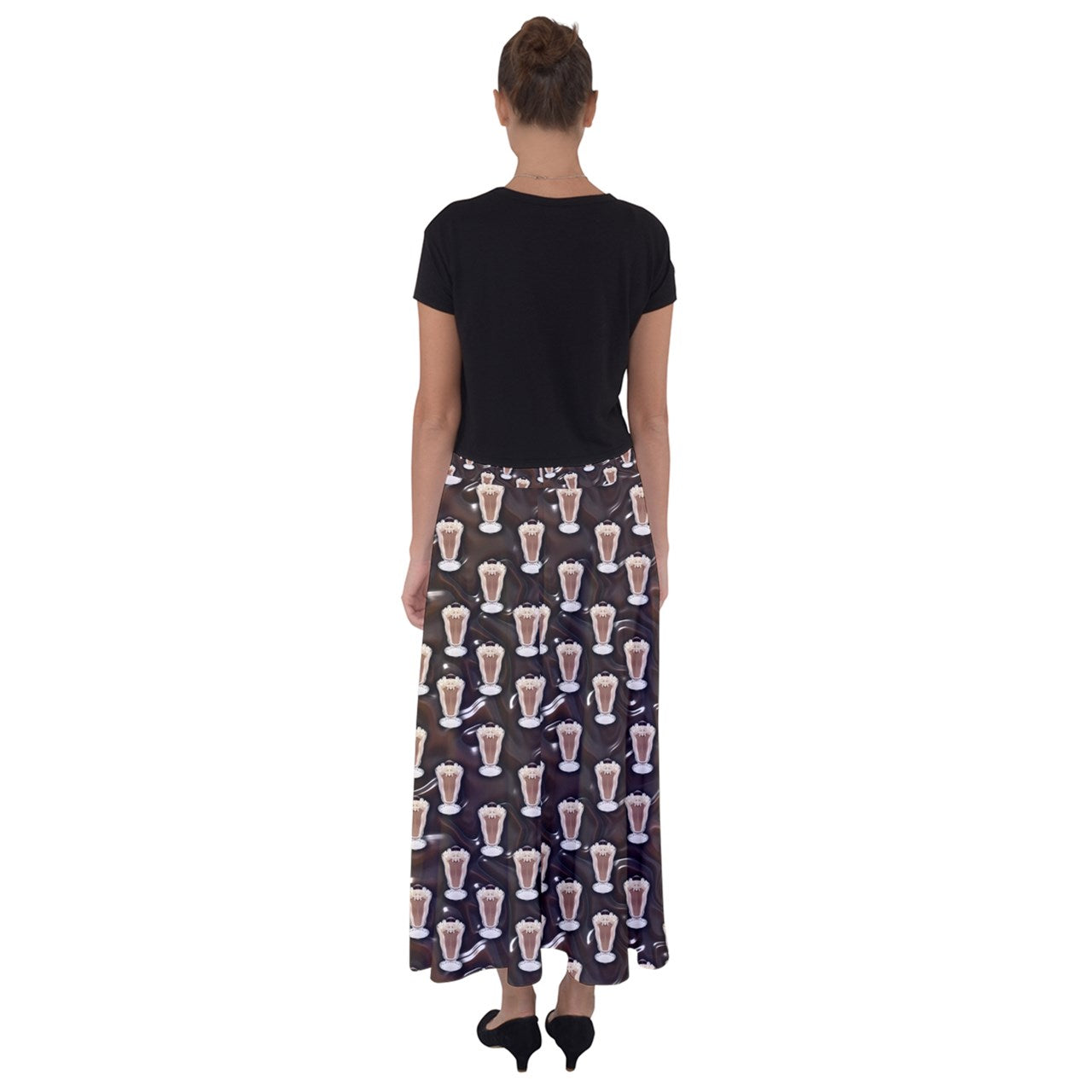 Chocolate Milkshake Pattern Flared Maxi Skirt