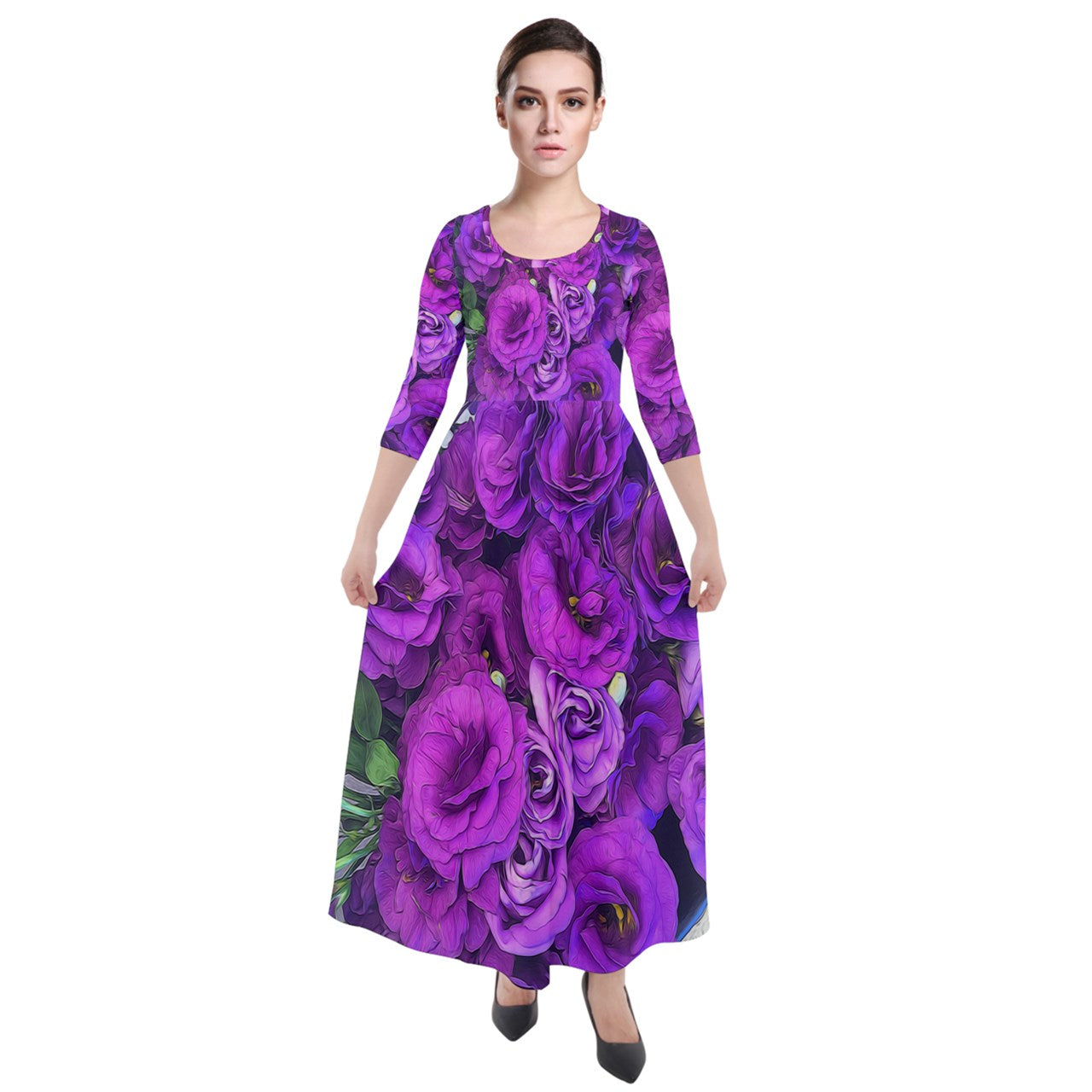 Purple Lisianthus Quarter Sleeve Maxi Velour Dress