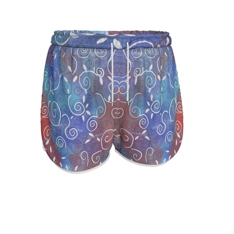 White Swirls on Blue and Red Womens Running Shorts